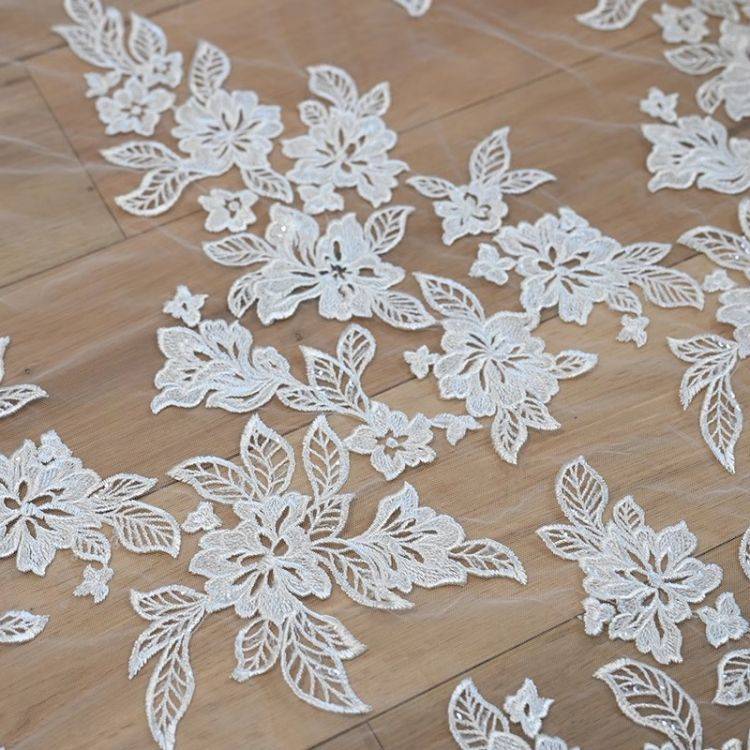 1 Yard Pair White Sequined Beaded Corded Guipure Chantilly Embroidered 3D Floral Bridal Lace Trim Applique Material Fabric
