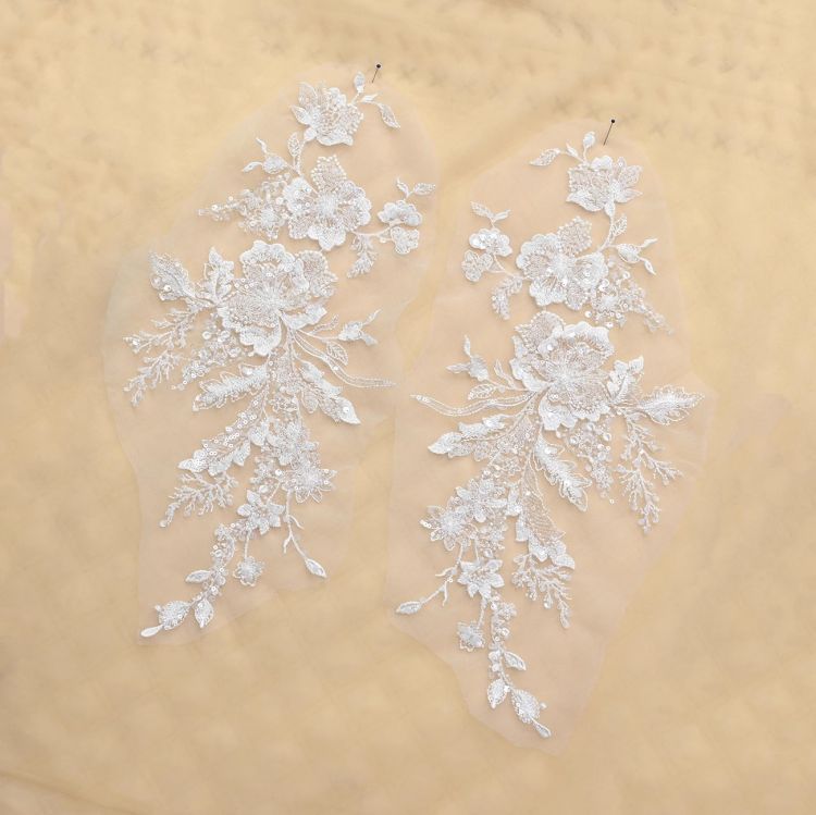 1 Yard Pair White Sequined Beaded Corded Guipure Chantilly Embroidered 3D Floral Bridal Lace Trim Applique Material Fabric JB022