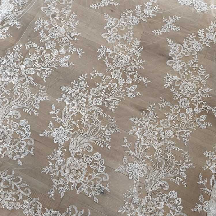 1 Yard White Sequined Beaded Corded Guipure Chantilly Embroidered 3D Floral Bridal Lace Trim Applique Material Fabric JB005