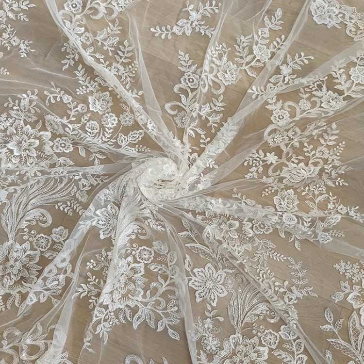 1 Yard White Sequined Beaded Corded Guipure Chantilly Embroidered 3D Floral Bridal Lace Trim Applique Material Fabric JB005