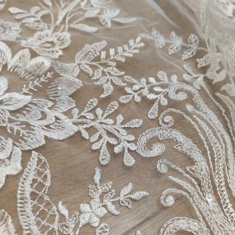 1 Yard White Sequined Beaded Corded Guipure Chantilly Embroidered 3D Floral Bridal Lace Trim Applique Material Fabric JB005
