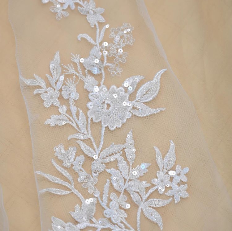 1 Yard Pair White Sequined Beaded Corded Guipure Chantilly Embroidered 3D Floral Bridal Lace Trim Applique Material Fabric JB021