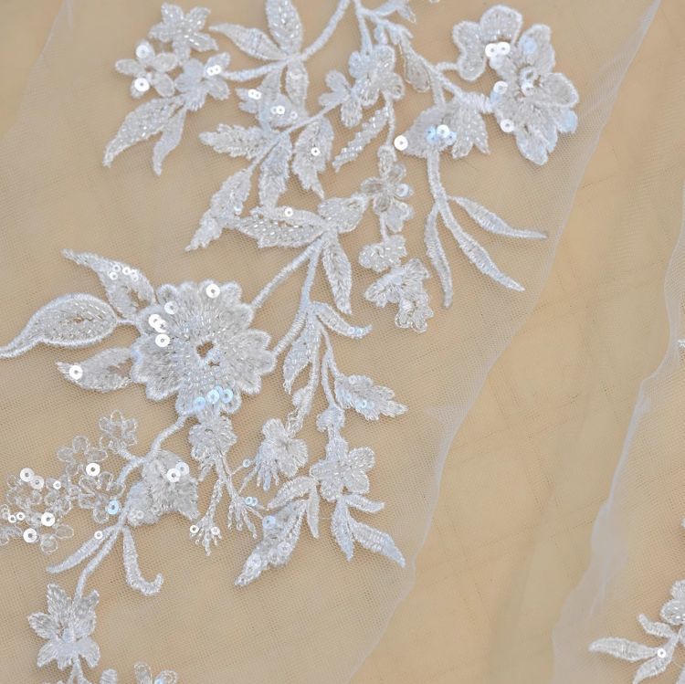1 Yard Pair White Sequined Beaded Corded Guipure Chantilly Embroidered 3D Floral Bridal Lace Trim Applique Material Fabric JB021