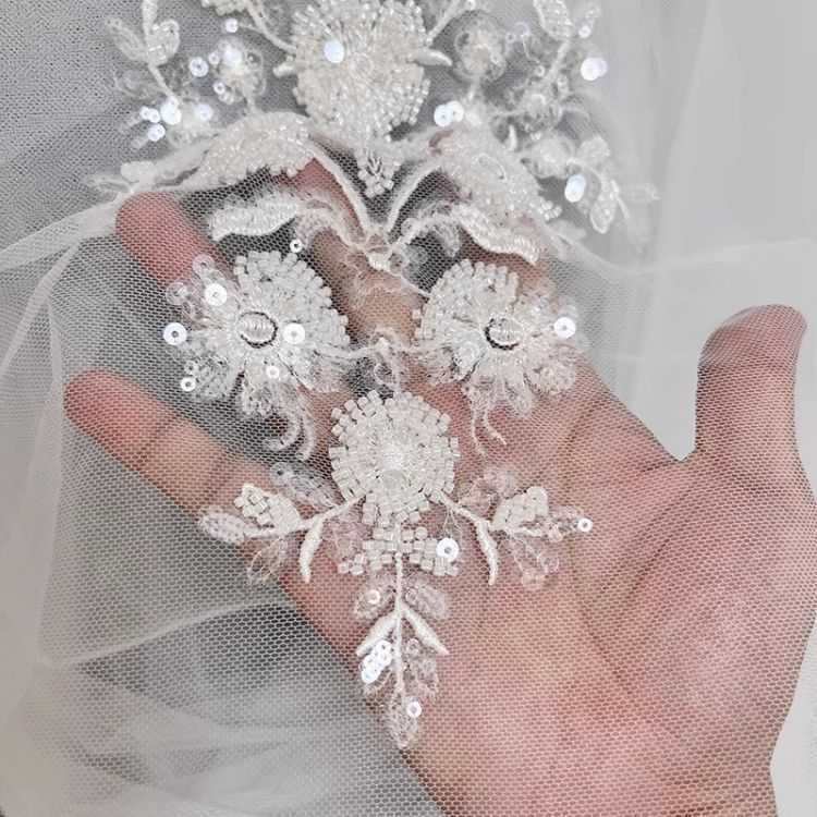 1 Yard Pair White Sequined Beaded Corded Guipure Chantilly Embroidered 3D Floral Bridal Lace Trim Applique Material Fabric JB026