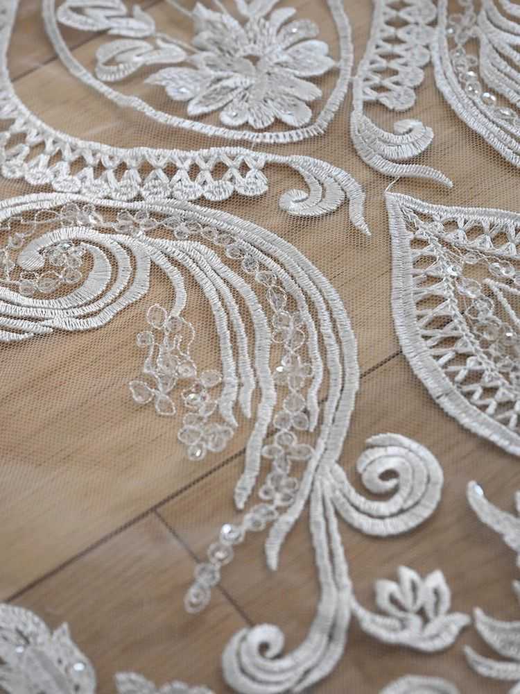 1 Yard White Sequined Beaded Corded Guipure Chantilly Embroidered 3D Floral Bridal Lace Trim Applique Material Fabric JB002