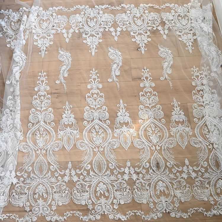 1 Yard White Sequined Beaded Corded Guipure Chantilly Embroidered 3D Floral Bridal Lace Trim Applique Material Fabric JB002