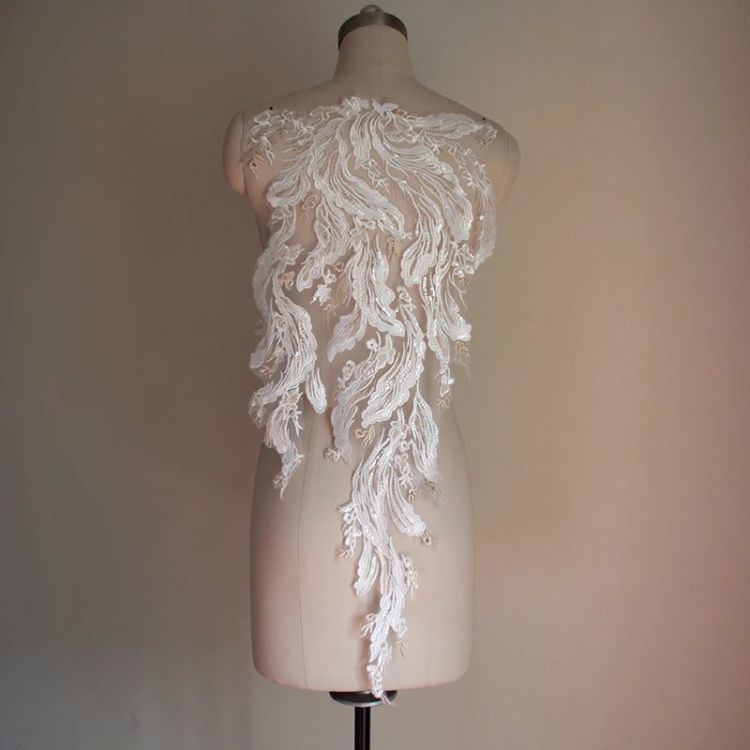 1 Yard Pair White Sequined Beaded Corded Guipure Chantilly Embroidered 3D Floral Bridal Lace Trim Applique Material Fabric JB024