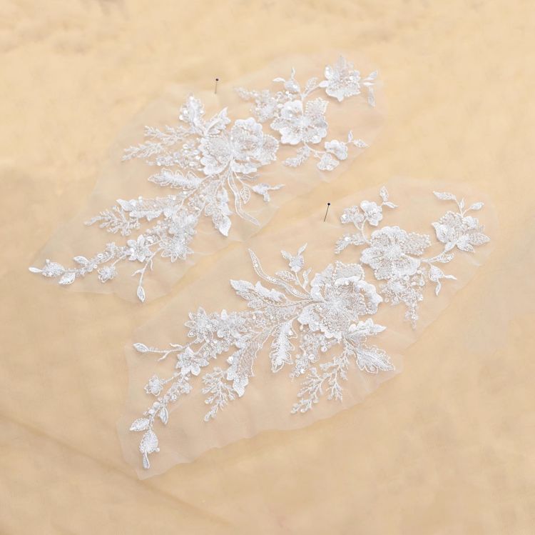 1 Yard Pair White Sequined Beaded Corded Guipure Chantilly Embroidered 3D Floral Bridal Lace Trim Applique Material Fabric JB022