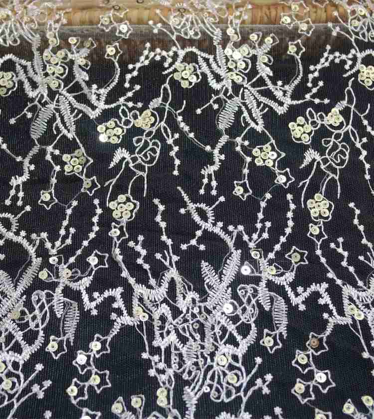 1 Yard White Sequined Beaded Multi-Color Corded Guipure Chantilly Embroidered 3D Floral Bridal Lace Material Fabric JS094