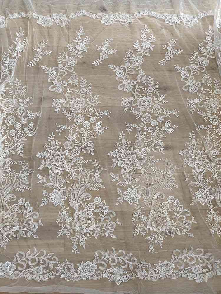1 Yard White Sequined Beaded Corded Guipure Chantilly Embroidered 3D Floral Bridal Lace Trim Applique Material Fabric JB005