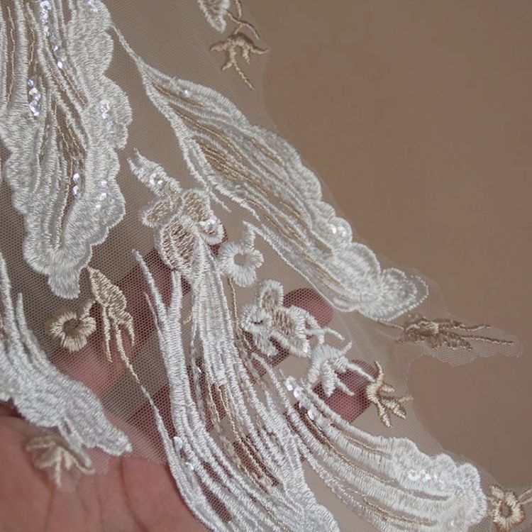 1 Yard Pair White Sequined Beaded Corded Guipure Chantilly Embroidered 3D Floral Bridal Lace Trim Applique Material Fabric JB024