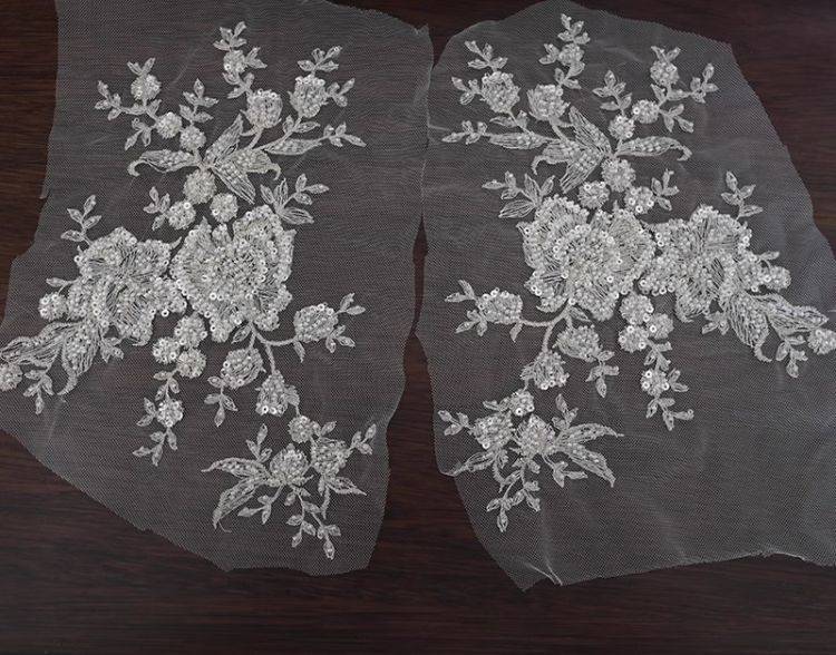 1 Yard Pair White Sequined Beaded Corded Guipure Chantilly Embroidered 3D Floral Bridal Lace Trim Applique Material Fabric JB017