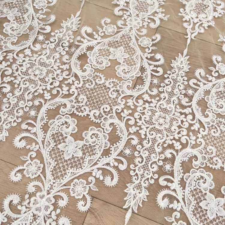 1 Yard Pair White Sequined Beaded Corded Guipure Chantilly Embroidered 3D Floral Bridal Lace Trim Applique Material Fabric JB029