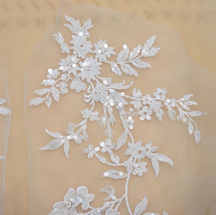 1 Yard Pair White Sequined Beaded Corded Guipure Chantilly Embroidered 3D Floral Bridal Lace Trim Applique Material Fabric JB021