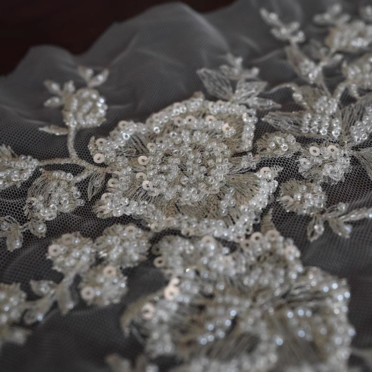 1 Yard Pair White Sequined Beaded Corded Guipure Chantilly Embroidered 3D Floral Bridal Lace Trim Applique Material Fabric JB017