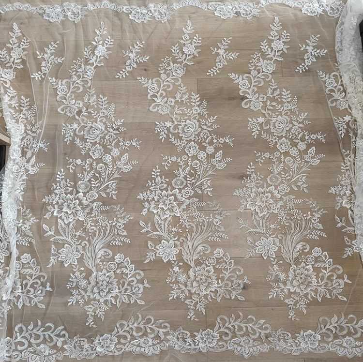 1 Yard White Sequined Beaded Corded Guipure Chantilly Embroidered 3D Floral Bridal Lace Trim Applique Material Fabric JB005