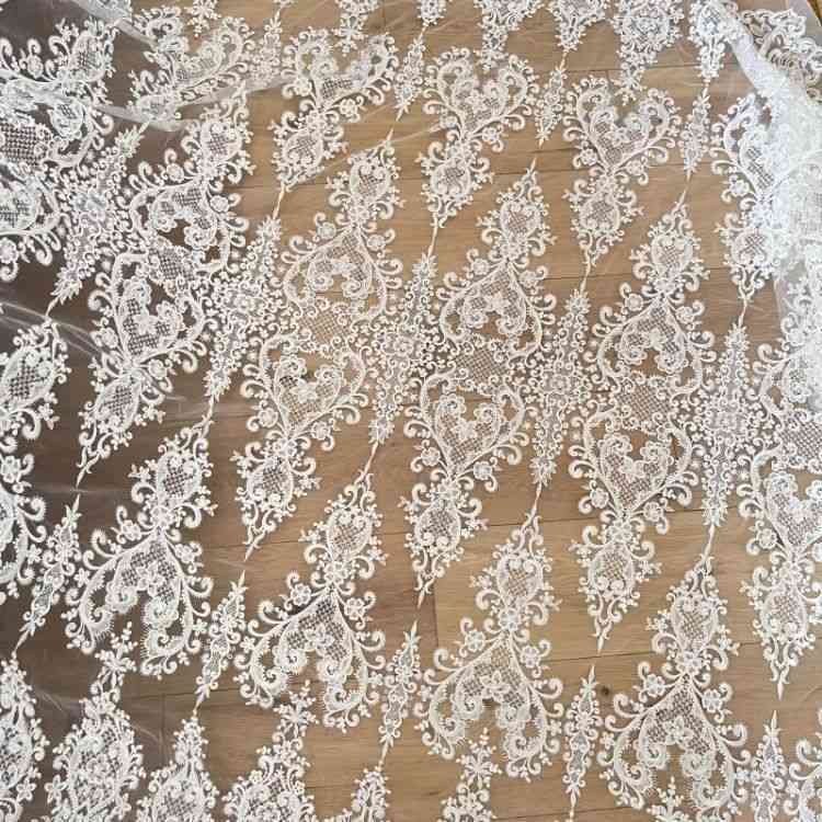 1 Yard Pair White Sequined Beaded Corded Guipure Chantilly Embroidered 3D Floral Bridal Lace Trim Applique Material Fabric JB029