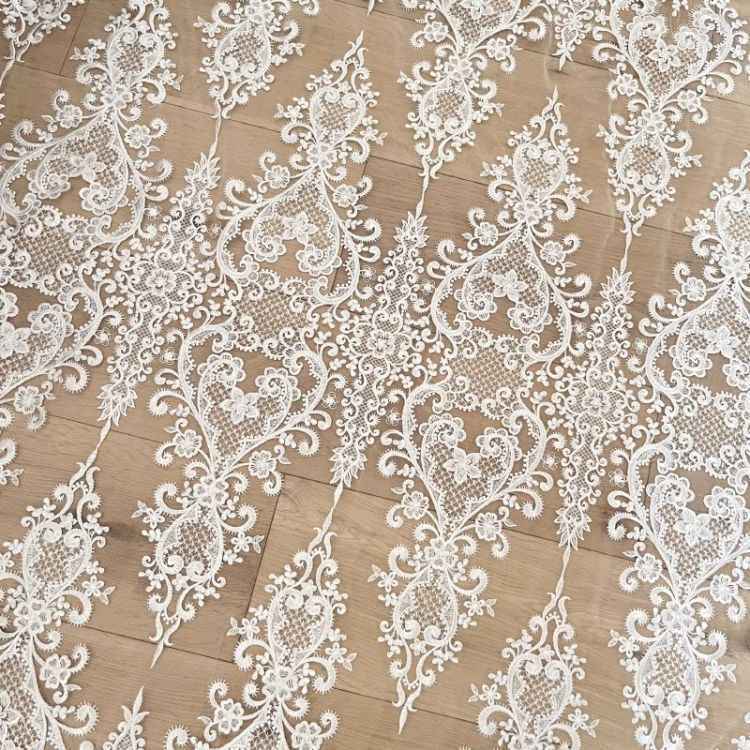 1 Yard Pair White Sequined Beaded Corded Guipure Chantilly Embroidered 3D Floral Bridal Lace Trim Applique Material Fabric JB029