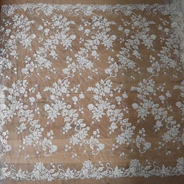 1 Yard White Sequined Beaded Corded Guipure Chantilly Embroidered 3D Floral Bridal Lace Trim Applique Material Fabric JB007