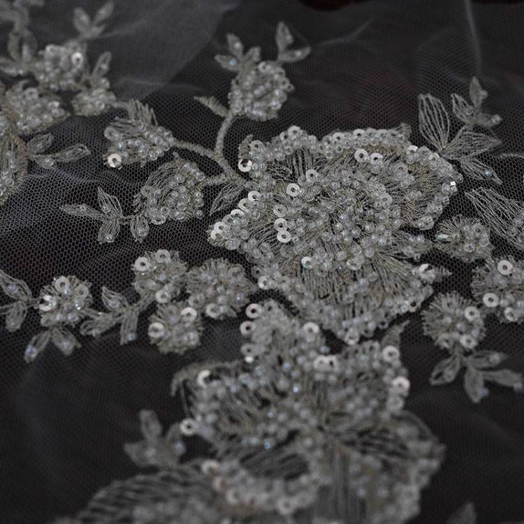 1 Yard Pair White Sequined Beaded Corded Guipure Chantilly Embroidered 3D Floral Bridal Lace Trim Applique Material Fabric JB017