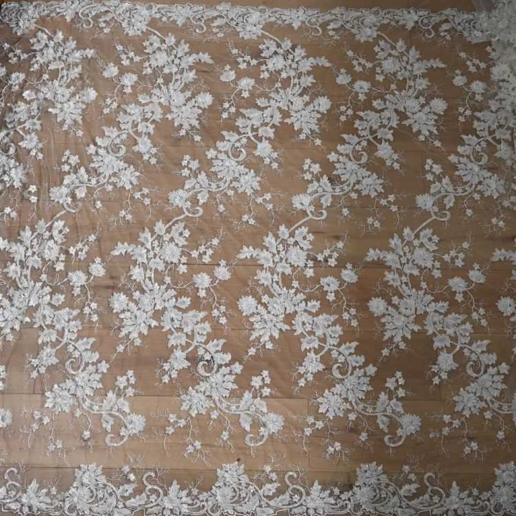 1 Yard White Sequined Beaded Corded Guipure Chantilly Embroidered 3D Floral Bridal Lace Trim Applique Material Fabric JB007
