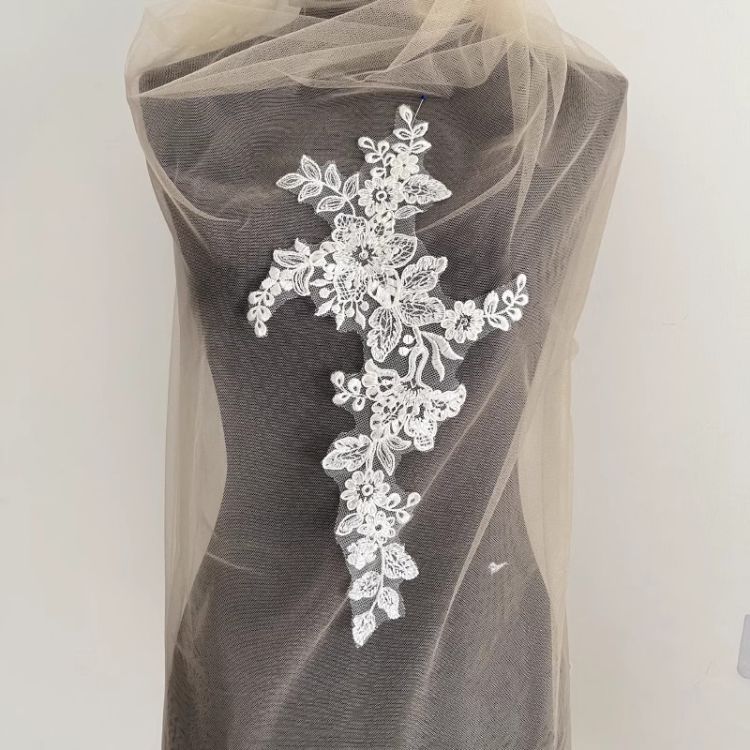 1 Yard White Sequined Beaded Corded Guipure Chantilly Embroidered 3D Floral Bridal Lace Trim Applique Material Fabric JB004