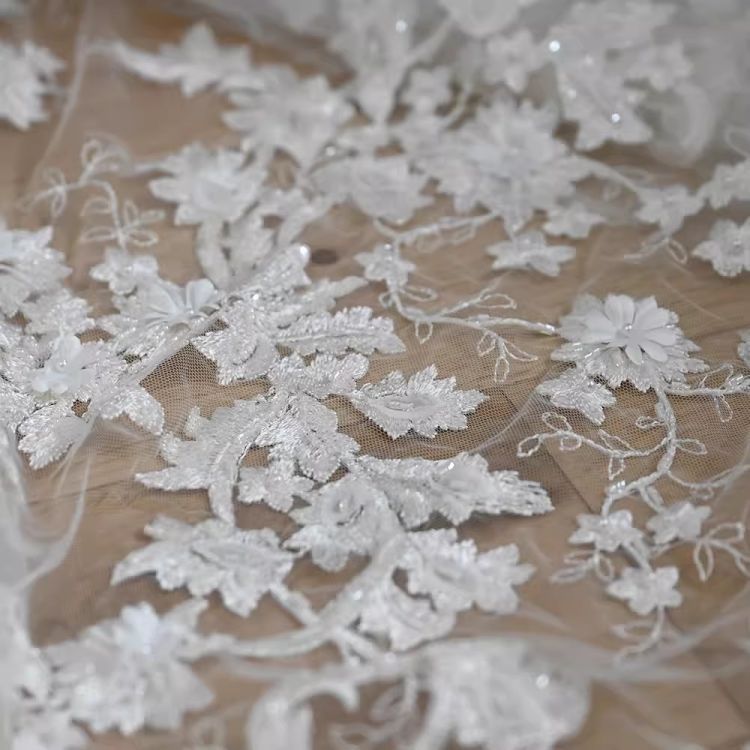 1 Yard White Sequined Beaded Corded Guipure Chantilly Embroidered 3D Floral Bridal Lace Trim Applique Material Fabric JB007