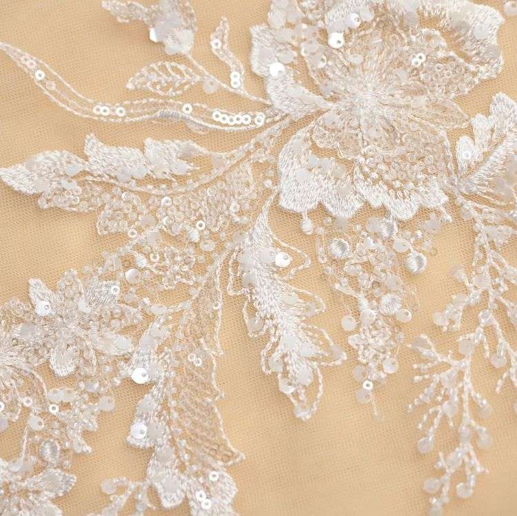 1 Yard Pair White Sequined Beaded Corded Guipure Chantilly Embroidered 3D Floral Bridal Lace Trim Applique Material Fabric JB022