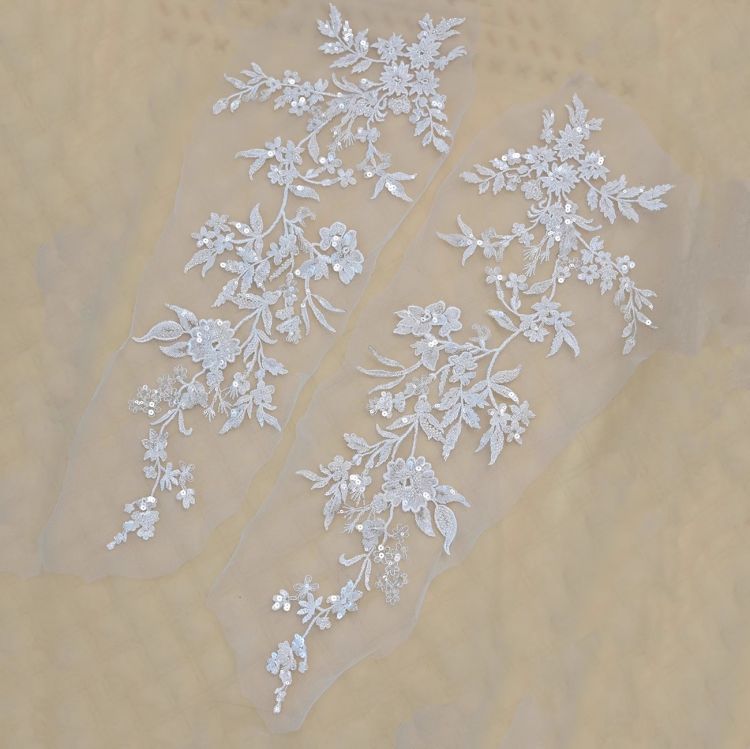 1 Yard Pair White Sequined Beaded Corded Guipure Chantilly Embroidered 3D Floral Bridal Lace Trim Applique Material Fabric JB021