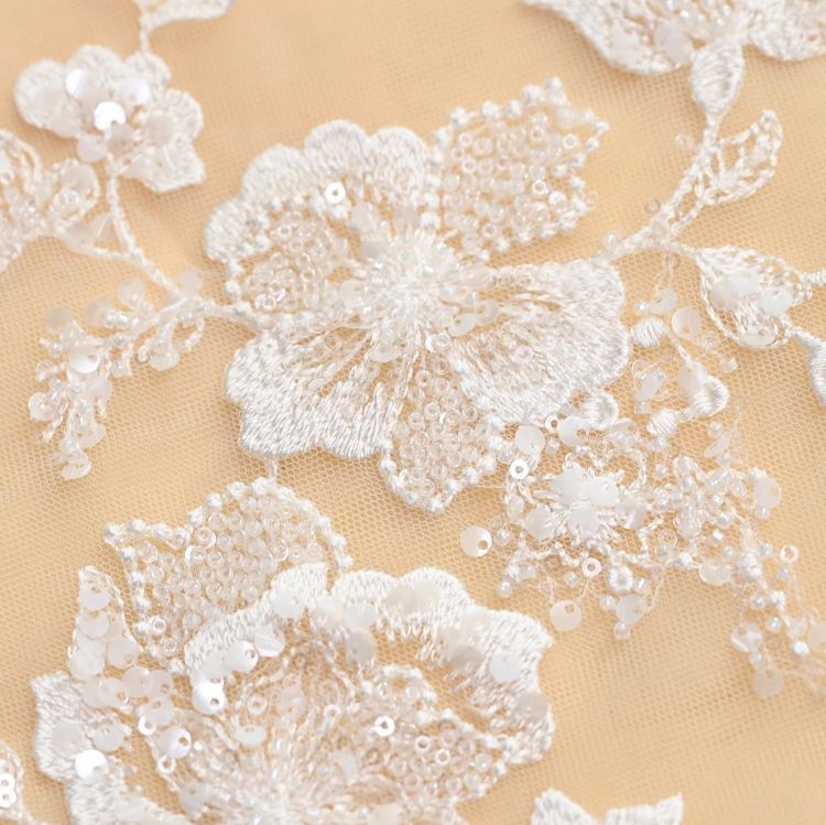 1 Yard Pair White Sequined Beaded Corded Guipure Chantilly Embroidered 3D Floral Bridal Lace Trim Applique Material Fabric JB022