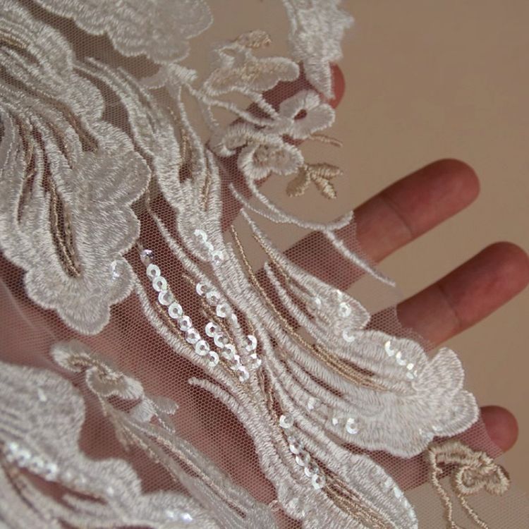 1 Yard Pair White Sequined Beaded Corded Guipure Chantilly Embroidered 3D Floral Bridal Lace Trim Applique Material Fabric JB024
