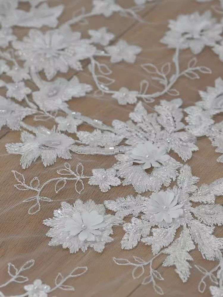 1 Yard White Sequined Beaded Corded Guipure Chantilly Embroidered 3D Floral Bridal Lace Trim Applique Material Fabric JB007