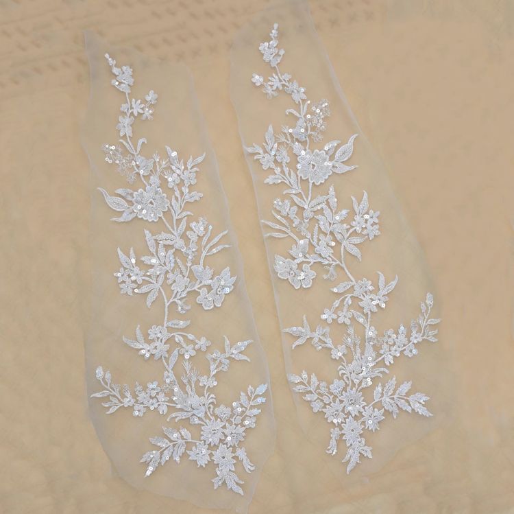 1 Yard Pair White Sequined Beaded Corded Guipure Chantilly Embroidered 3D Floral Bridal Lace Trim Applique Material Fabric JB021