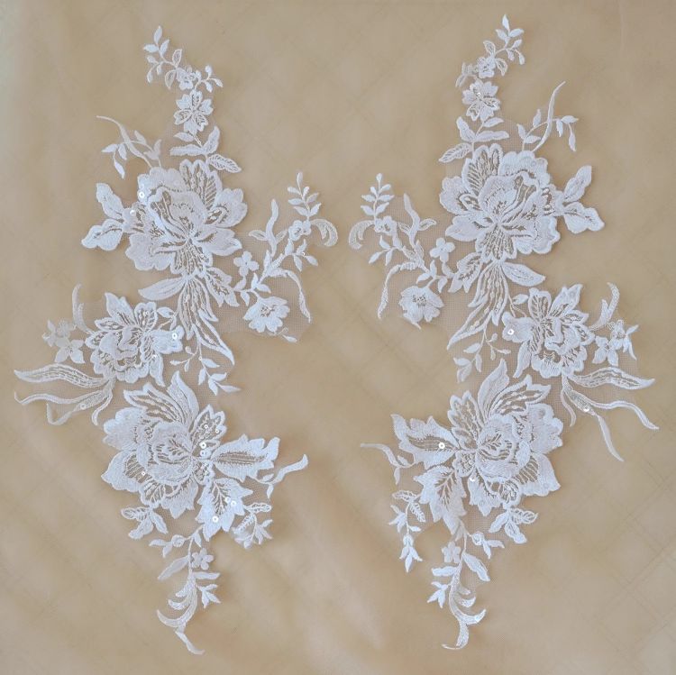 1 Yard Pair White Sequined Beaded Corded Guipure Chantilly Embroidered 3D Floral Bridal Lace Trim Applique Material Fabric JB013