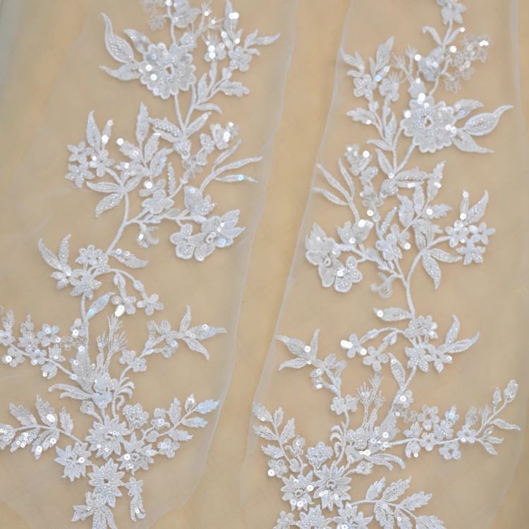 1 Yard Pair White Sequined Beaded Corded Guipure Chantilly Embroidered 3D Floral Bridal Lace Trim Applique Material Fabric JB021