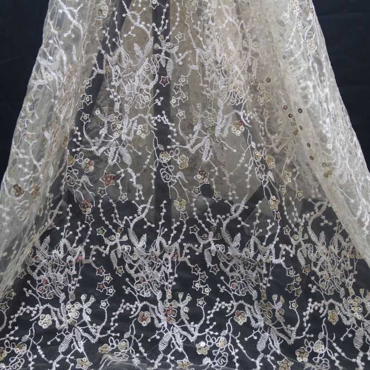 1 Yard White Sequined Beaded Multi-Color Corded Guipure Chantilly Embroidered 3D Floral Bridal Lace Material Fabric JS094