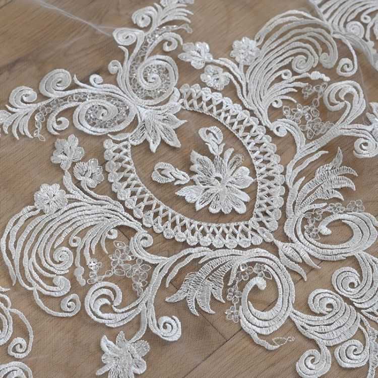 1 Yard White Sequined Beaded Corded Guipure Chantilly Embroidered 3D Floral Bridal Lace Trim Applique Material Fabric JB002