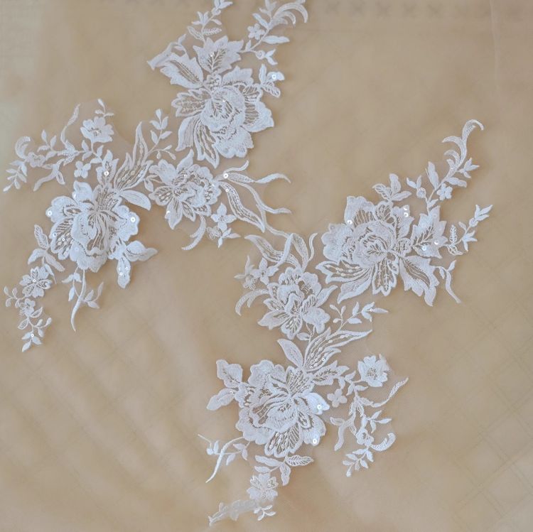 1 Yard Pair White Sequined Beaded Corded Guipure Chantilly Embroidered 3D Floral Bridal Lace Trim Applique Material Fabric JB013