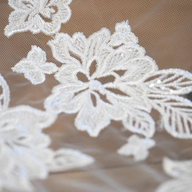 1 Yard Pair White Sequined Beaded Corded Guipure Chantilly Embroidered 3D Floral Bridal Lace Trim Applique Material Fabric