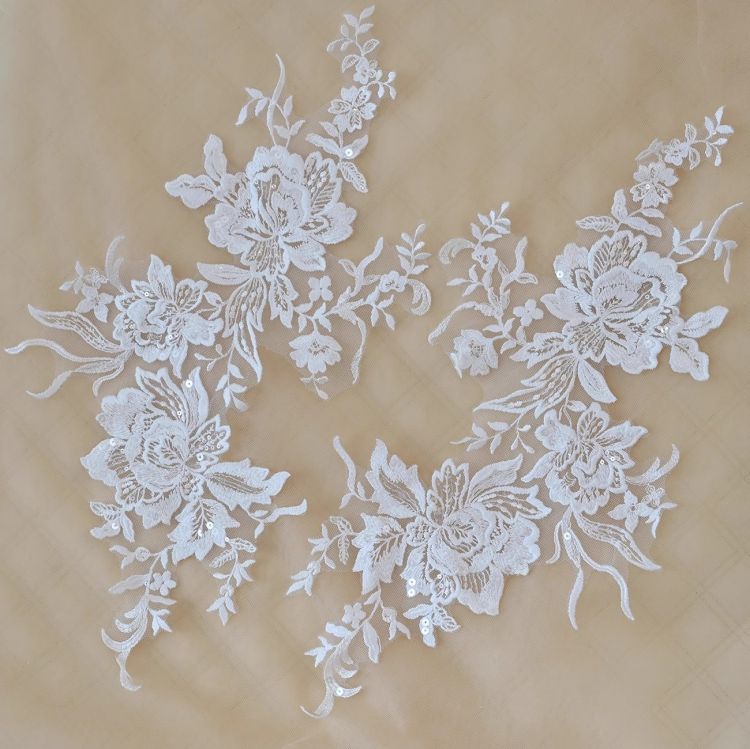 1 Yard Pair White Sequined Beaded Corded Guipure Chantilly Embroidered 3D Floral Bridal Lace Trim Applique Material Fabric JB013