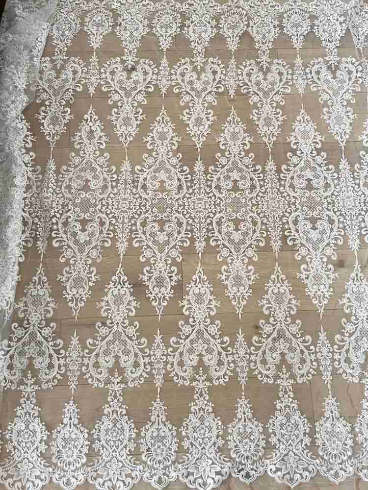 1 Yard Pair White Sequined Beaded Corded Guipure Chantilly Embroidered 3D Floral Bridal Lace Trim Applique Material Fabric JB029