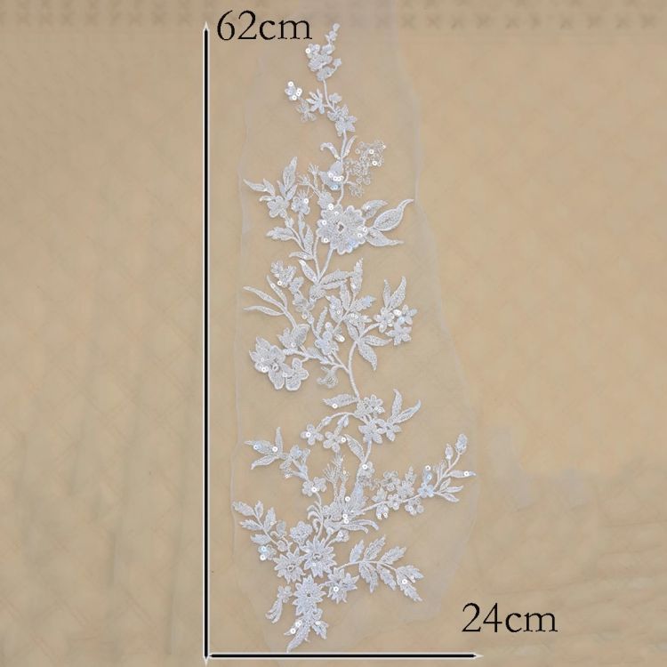 1 Yard Pair White Sequined Beaded Corded Guipure Chantilly Embroidered 3D Floral Bridal Lace Trim Applique Material Fabric JB021