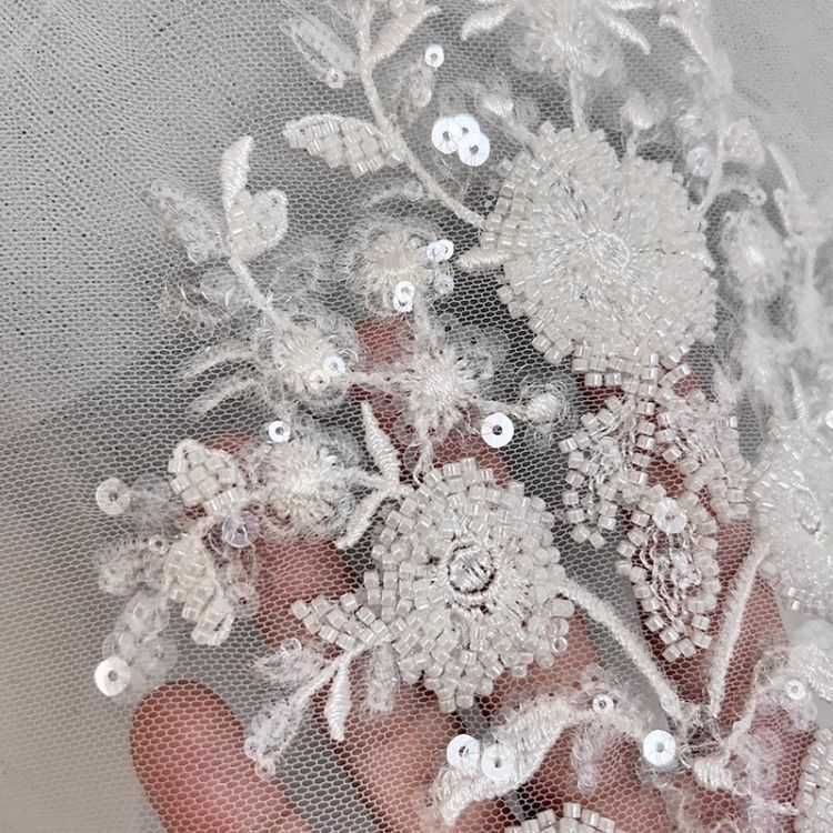 1 Yard Pair White Sequined Beaded Corded Guipure Chantilly Embroidered 3D Floral Bridal Lace Trim Applique Material Fabric JB026
