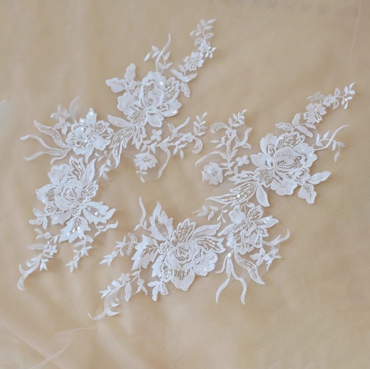 1 Yard Pair White Sequined Beaded Corded Guipure Chantilly Embroidered 3D Floral Bridal Lace Trim Applique Material Fabric JB013