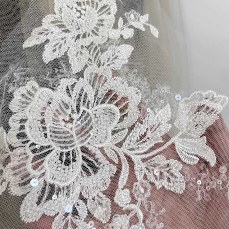 1 Yard Pair White Sequined Beaded Corded Guipure Chantilly Embroidered 3D Floral Bridal Lace Trim Applique Material Fabric JB055