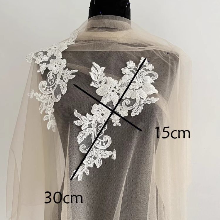 1 Yard Pair White Sequined Beaded Corded Guipure Chantilly Embroidered 3D Floral Bridal Lace Trim Applique Material Fabric JB060