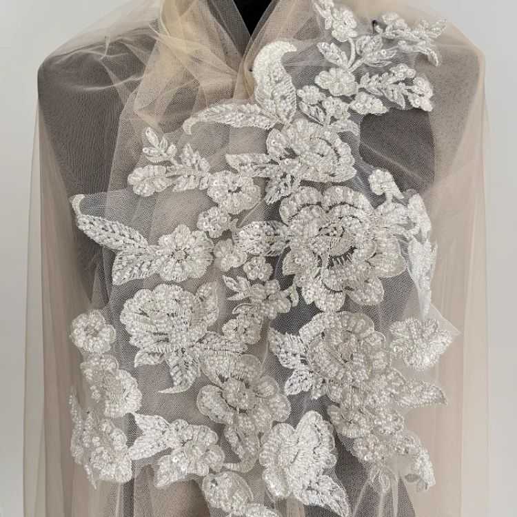 1 Yard Pair White Sequined Beaded Corded Guipure Chantilly Embroidered 3D Floral Bridal Lace Trim Applique Material Fabric JB061