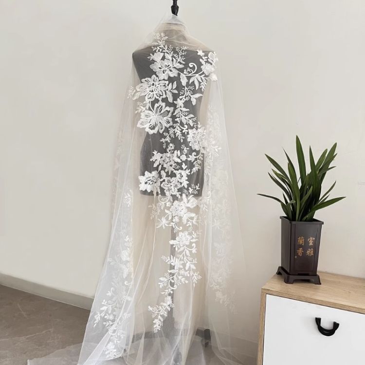 1 Yard Pair White Sequined Beaded Corded Guipure Chantilly Embroidered 3D Floral Bridal Lace Trim Applique Material Fabric JB064