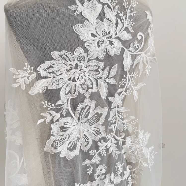 1 Yard Pair White Sequined Beaded Corded Guipure Chantilly Embroidered 3D Floral Bridal Lace Trim Applique Material Fabric JB064