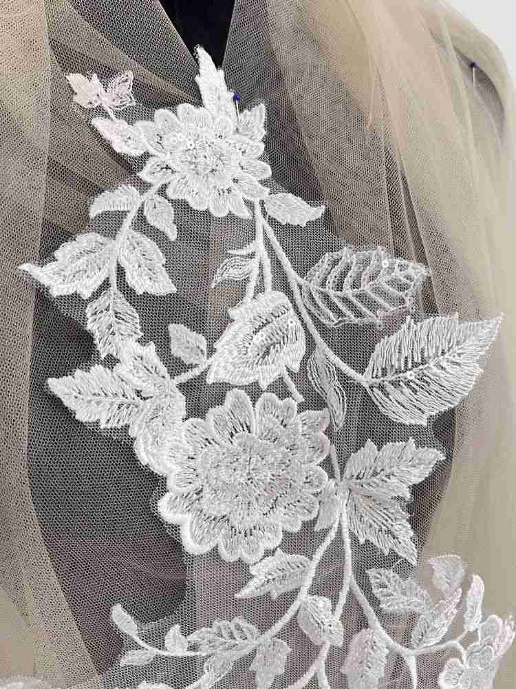1 Yard Pair White Sequined Beaded Corded Guipure Chantilly Embroidered 3D Floral Bridal Lace Trim Applique Material Fabric JB056